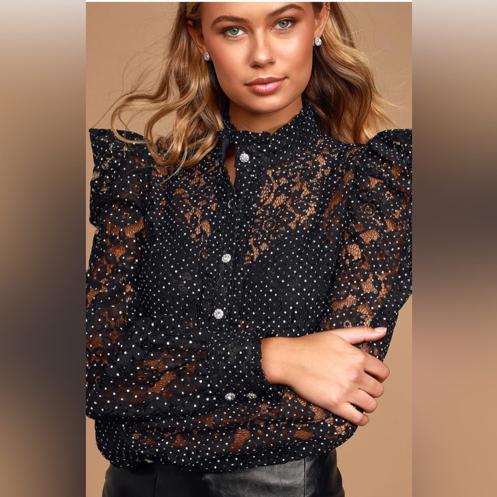 Respect Black and White Lace Button-Up Polka Dot‎ Top